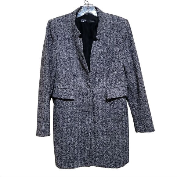 Zara  Women's Black and White Tweed Snap Button Light  Overcoat sz Large - Picture 5 of 10